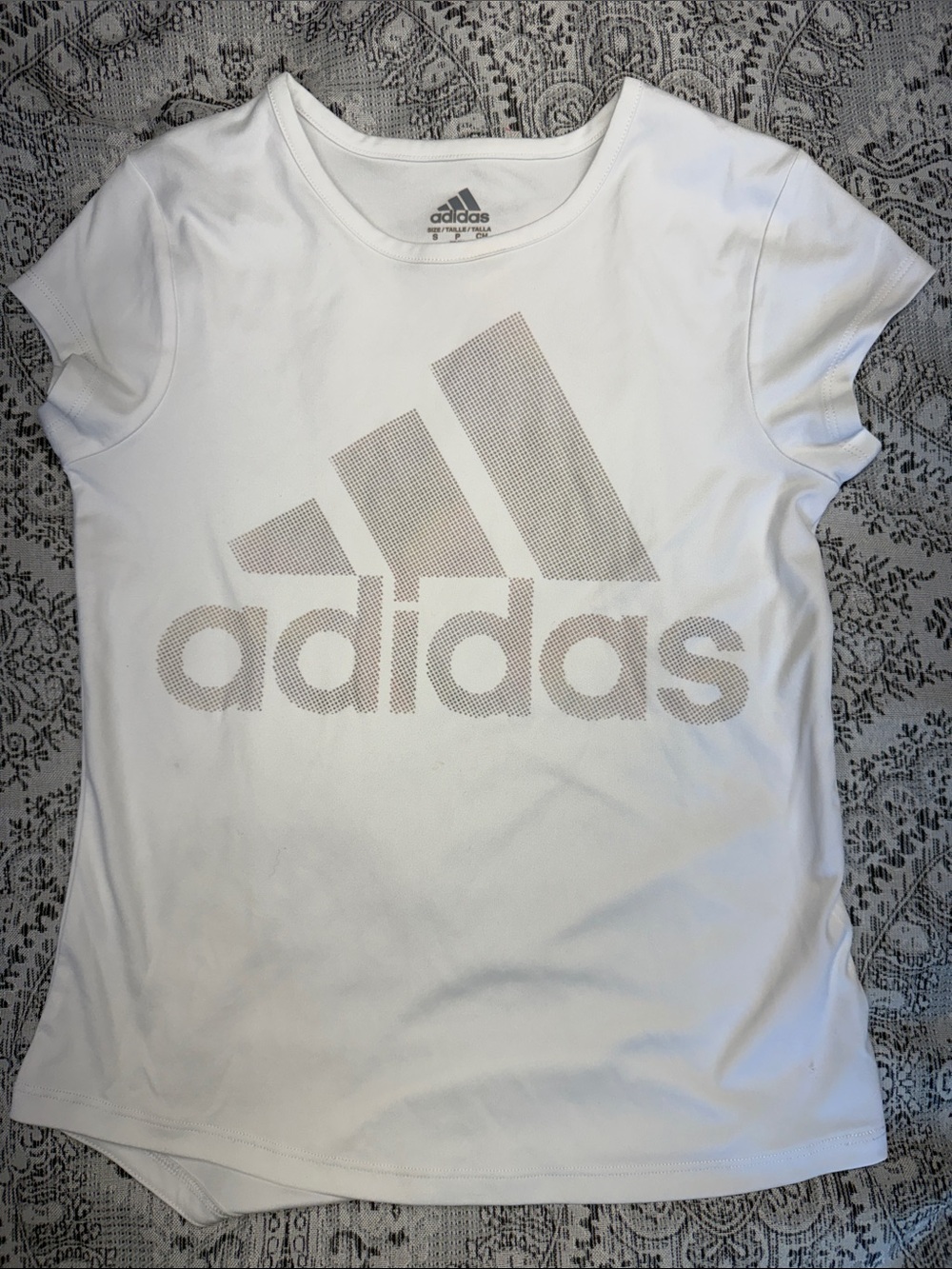 adidas White Climalite Tee with Light Beige Logo - Size Small